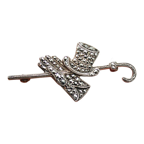 Vintage Silver Brooch Marcasite Gloves Hat and Walking Stick