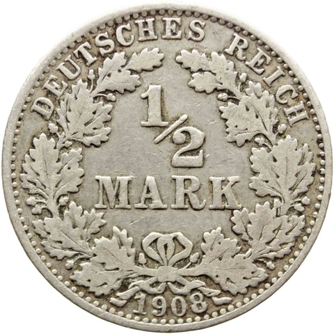 1908 A Germany Half Mark Wilhelm II Coin Silver (type 2 - small shield)