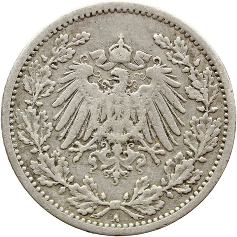 1908 A Germany Half Mark Wilhelm II Coin Silver (type 2 - small shield)