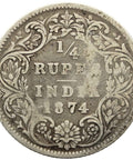 1874 Quarter Rupee Coin British India Victoria silver Coin Calcutta Mint