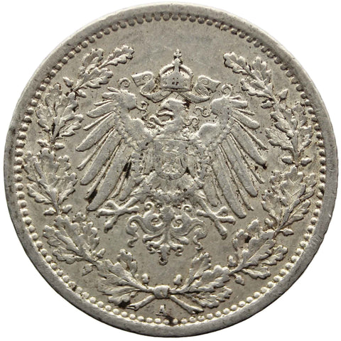 1914 A Germany Half Mark Wilhelm II Coin Silver (type 2 - small shield)