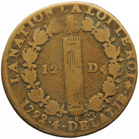 1792 A France 12 Deniers Louis XVI Coin Paris Mint