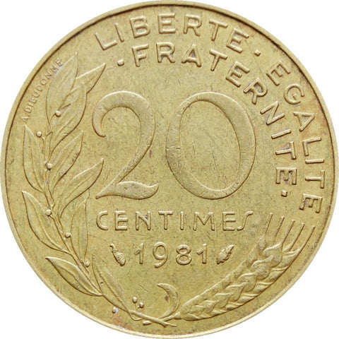 1981 20 Centimes France Coin Marianne Dolphin Mark