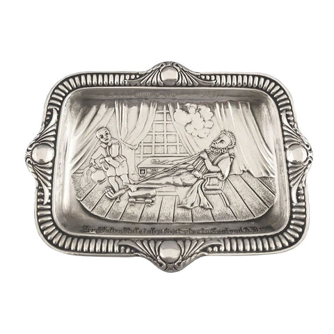 Antique 1897 Victorian Era Sterling Silver Card Tray Johnson, Durban & Co Ltd Birmingham Hallmarks Embossed scene of Sir Walter Raleigh