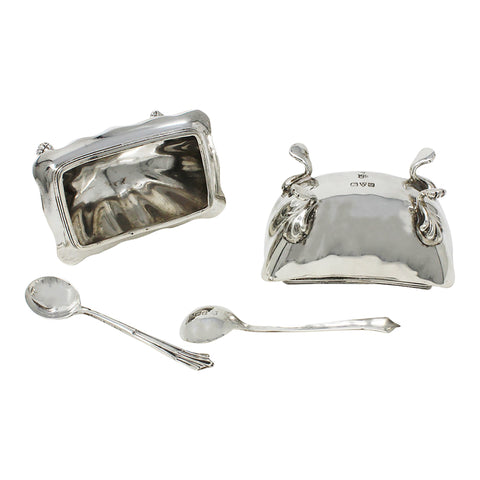 1915 Antique George V Era Sterling Silver Two Salt Pots and Two Spoons with Original Case Silversmith James Deakin & Sons  Chester Hallmarks