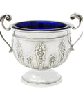 1905 Antique Edwardian Era Sterling Silver Salt Pot with Blue Glass Liner Silversmiths Henry Matthews Birmingham Hallmark