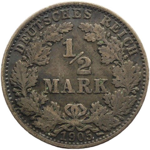 1905 E Half Mark Germany Wilhelm II Coin Silver (type 2 - small shield) Mint Muldenhütten