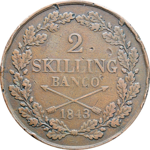 1843 2 Skilling Banco Sweden Carl XIV Johan Coin