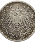 1906 A Germany Half Mark Wilhelm II Coin Silver (type 2 - small shield)