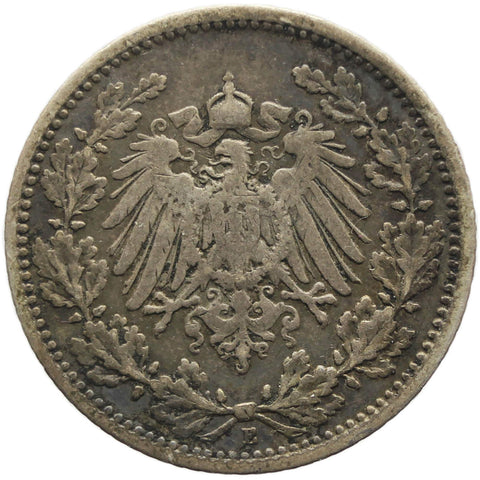 1905 E Half Mark Germany Wilhelm II Coin Silver (type 2 - small shield) Mint Muldenhütten