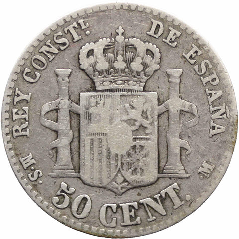 1880 50 Centimos Spain Coin Silver Alfonso XII 6-pointed star Madrid Mint