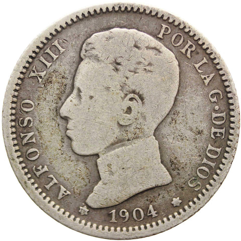 1904 SMV 1 Peseta Spain Coin Silver Alfonso XIII 4th portrait