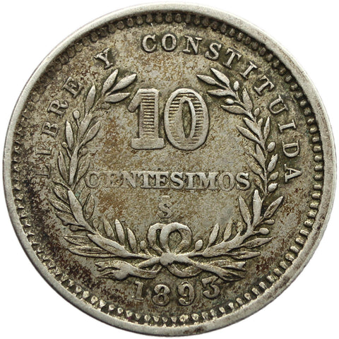 1893 10 Centesimos Uruguay Coin Silver Santiago Mint