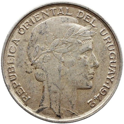 1942 20 Centavos Uruguay Coin Silver Santiago Mint