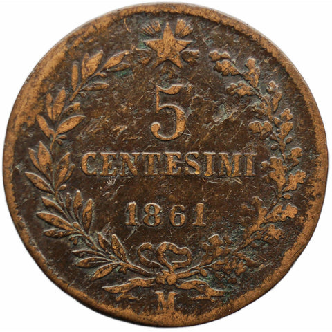 1861 M 5 Centesimi Italy Coin Vittorio Emanuele II Milano Mint