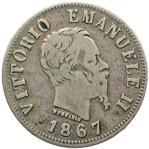 1867 50 Centesimi Italy Vittorio Emanuele II Silver Coin Naples Mint