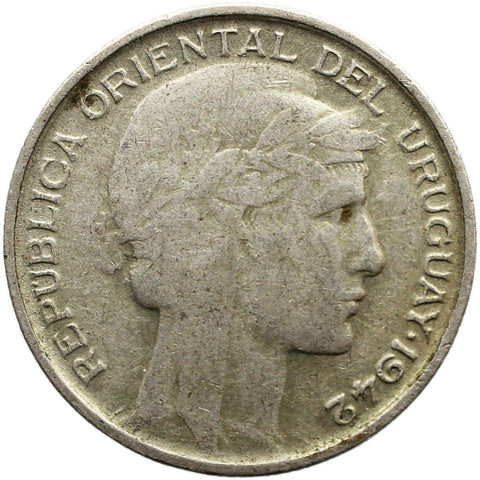 Uruguay 1942 20 Centavos Coin Silver Santiago Mint