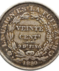 1890 PTS CB 20 Centavos Bolivia Silver Coin