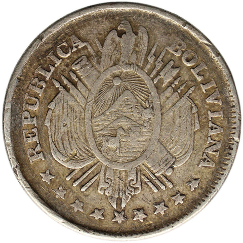 1890 PTS CB 20 Centavos Bolivia Silver Coin