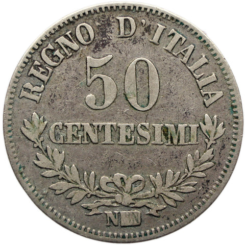 1867 50 Centesimi Italy Vittorio Emanuele II Silver Coin Naples Mint