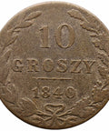 1840 MW 10 Groszy Poland Coin Nikolai I Warszawa Mint
