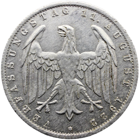 1922 E 3 Mark Germany Coin Weimar Republic 3 Years of Weimar Constitution Muldenhütten Mint