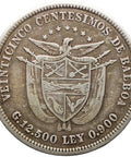 1904 25 Centesimos Panama Coin Silver Vasco Nunez de Balboa