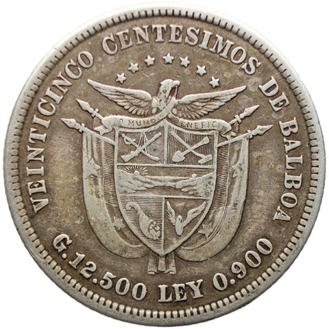 1904 25 Centesimos Panama Coin Silver Vasco Nunez de Balboa