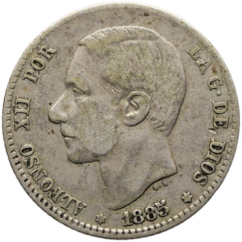 1885 One Peseta Spain Coin Alfonso XII Silver