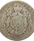1867 A 2 Francs France Coin Napoleon III Silver Paris Mint