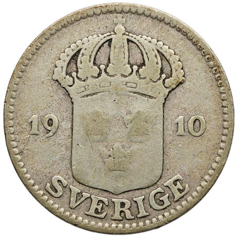 1910 W 25 Öre Sweden Coin Gustaf V Silver Large Crown