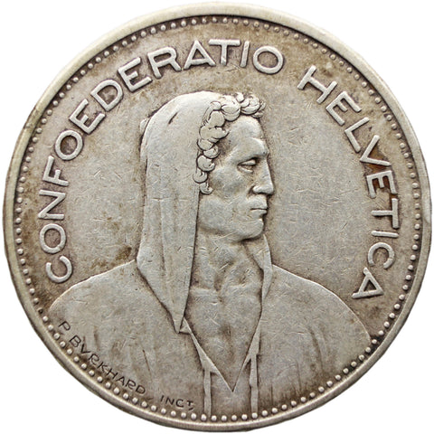 1932 B Five Francs Switzerland Coin Silver Bern Mint Herdsman