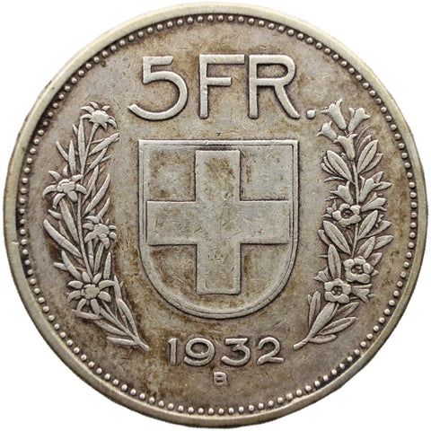 1932 B Five Francs Switzerland Coin Silver Bern Mint Herdsman