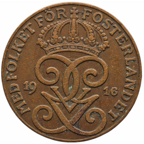 1916 2 Öre Sweden Coin Gustaf V short 6