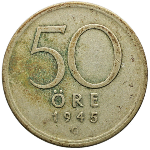 1945 G 50 Öre Sweden Coin Gustaf V Silver