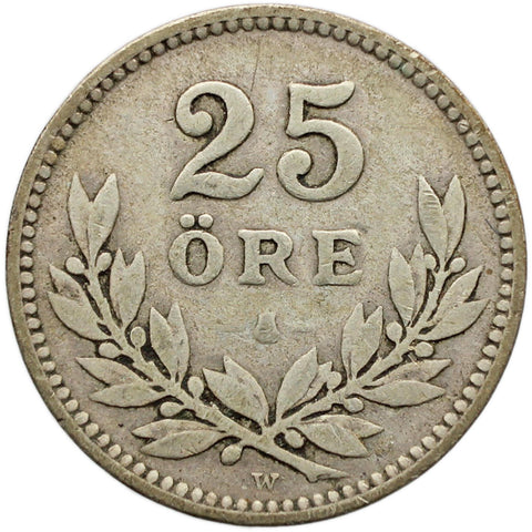 1910 W 25 Öre Sweden Coin Gustaf V Silver Large Crown