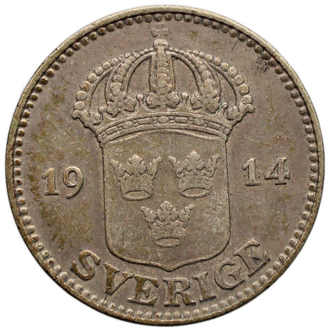 1914 W 25 Öre Sweden Coin Gustaf V Silver