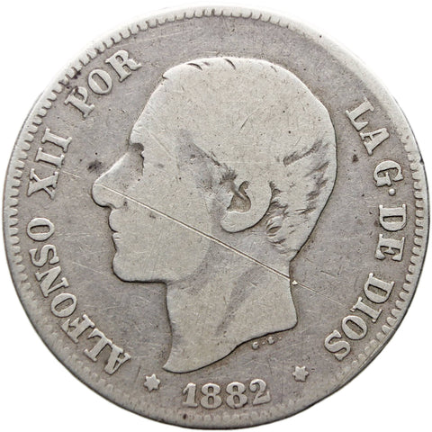 1882 2 Pesetas Spain Coin Alfonso XII Silver