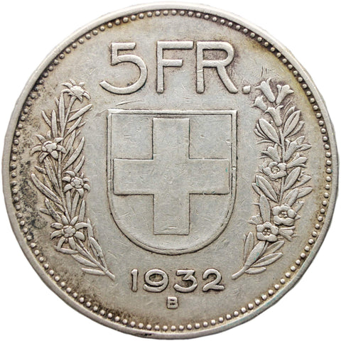 1932 5 Francs Switzerland Coin Helvetica Bern Mint Silver