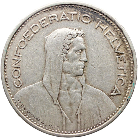 1932 5 Francs Switzerland Coin Helvetica Bern Mint Silver