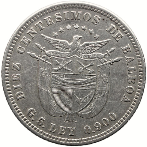 1904 10 Centesimos Panama Coin Silver Vasco Nunez de Balboa