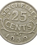 1939 25 Cents Seychelles Coin George VI Silver