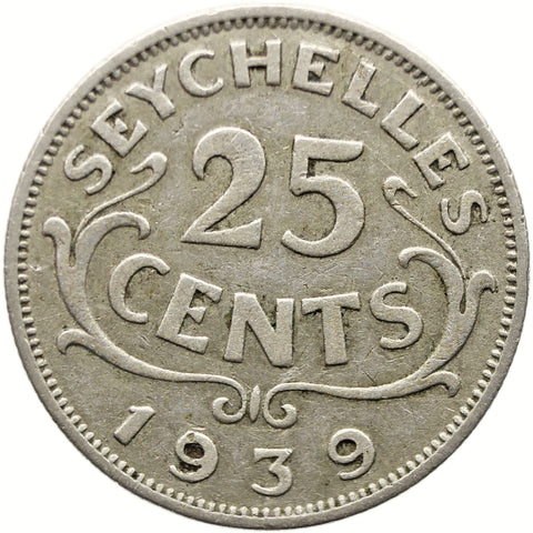 1939 25 Cents Seychelles Coin George VI Silver