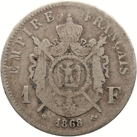 1868 1 Franc France Coin Napoleon III Silver Strasbourg Mint