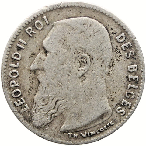 1909 50 Centimes Belgium Leopold II Coin Silver