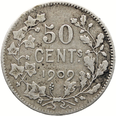 1909 50 Centimes Belgium Leopold II Coin Silver