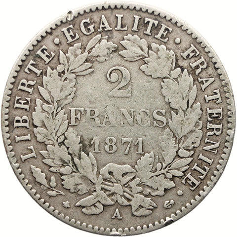 1871 A 2 Francs France Coin Silver Paris Mint