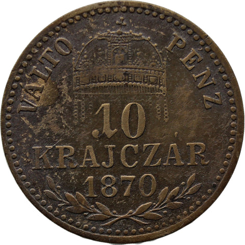 1870 KB 10 Krajczar Hungary Coin Franz Joseph I Kremnitz Mint