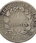 1808 W 1 Francs France Silver Coin Napoleon Bonaparte Lille Mint