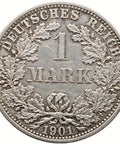 1901 F 1 Mark Germany Wilhelm I Coin Silver Stuttgart Mint